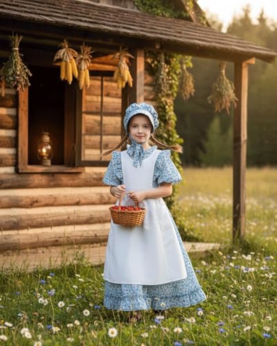 Vestido colonial floral para niñas con delantal y sombrero miniatura 4