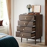 [Design Unique] Ce meuble à 4 tiroirs est fabriqué à la main. Les panneaux se distinguent par un design à lignes croisées, des boutons en métal et des pieds en bois massif. Le design moderne de style milieu du siècle apporte un style unique à votre intérieur.