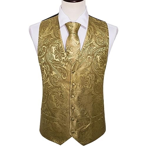 Set Of 4 Men's Silk Vest Party Wedding Gold Paisley Solid Floral Vest Vest Pocket Square Tie Suit Set3