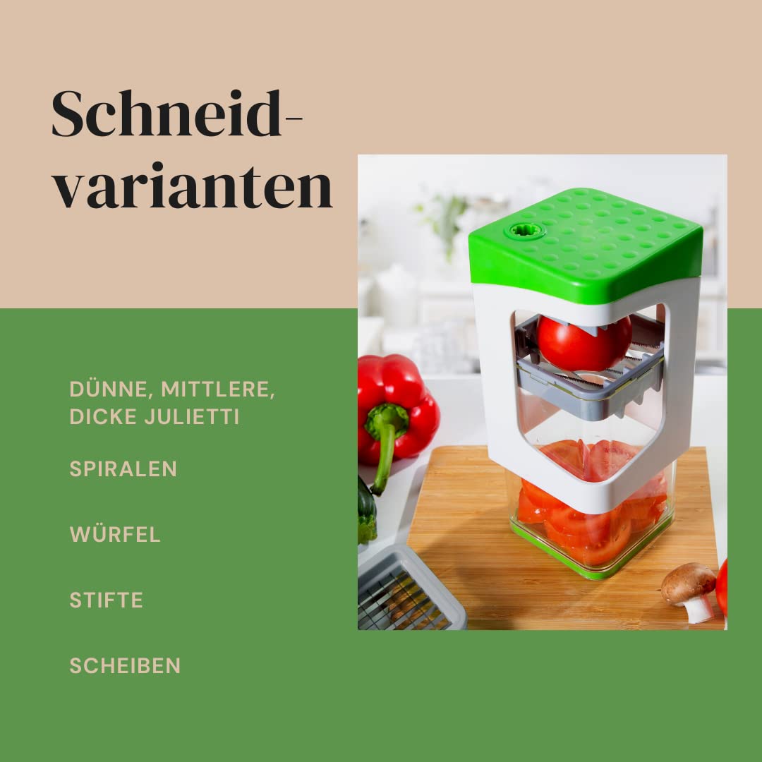 Genius Nicer Dicer Julietti Spiralschneider 13-tlg - Zoodle Maker + Würfelschneider in einem Set für Spiralen und Würfel | enthält 7 Schneideinsätze & Auffangbehälter 1200ml, Grün