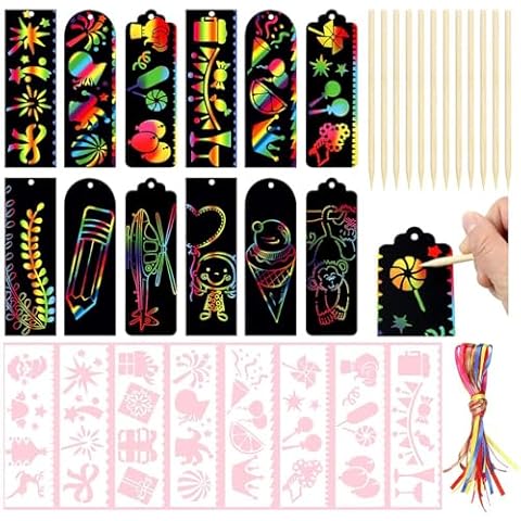 QNCIGER 24 Pcs 3 Style Magic Scratch Rainbow Bookmarks for Kids Students Party Favor Scratch Paper DIY Bookmarks with Scratching Tools Satin Ribbons for Classroom Activities Cover