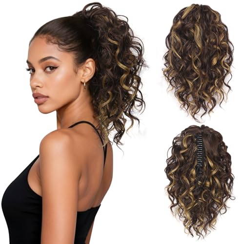 ZQIAN BEAUTY 12 Inch Ponytail Extension - Soft Curly Pony Tails Hair Extensions, Claw Clip Ponytail Extension, Synthetic Natural Hair Extensions Ponytail (Color: Brown with Golden Highlights)