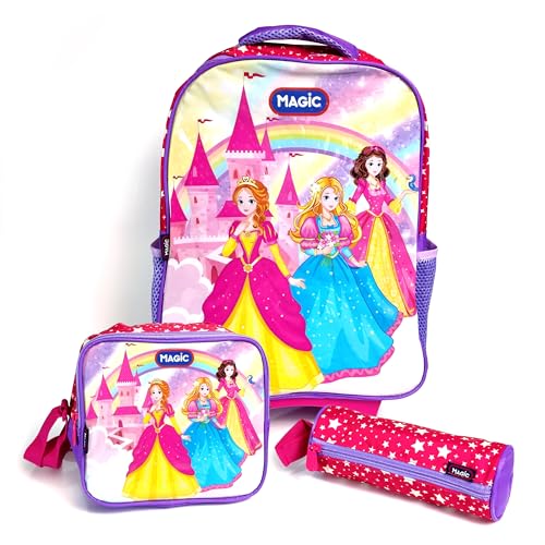 Kit Mochila Infantil Escolar de Rodinha - Princesas, Lilás com Lancheira Térmica e Estojo