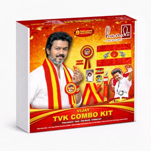 Image of Vijay TVK Combo Kit - TVK Supporter Kit with Flag, Whistle Keychain, Ribbon Badge, Muffler, Vijay Sticker & Hand Band | Fan Merchandise Kit