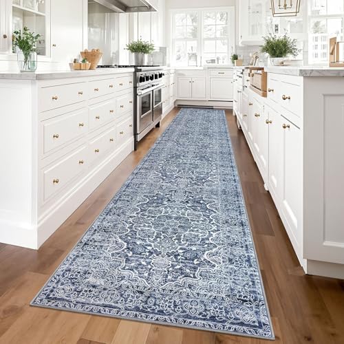 KUTA Vintage Washable Runner Rug 2.6x14, Non-Slip Hallway Kitchen Runners Blue White with Rubber Backing, Ultra Soft Printed Distressed Medallion Extra Long 14ft Carpet Rugs Indoor for Stairs
