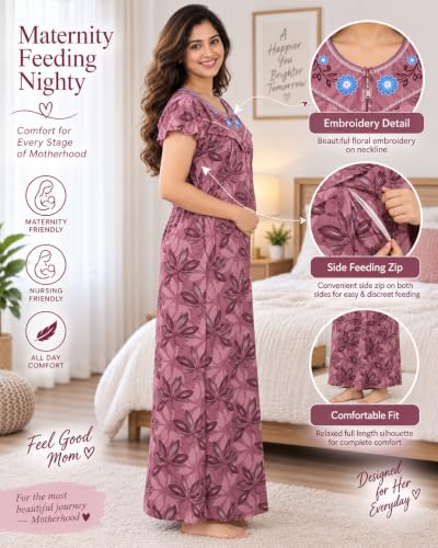 Image of Noty Women's- Maternity | Feeding | Nursing | Nighty /Maxi /Gown- Poly Viscose Knits Fabric- Embroidery, Printed, Zip on Both Sides