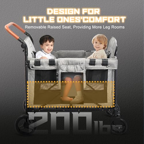 Wagon Stroller for 2 Kids, Foldable All-Terrain Wagon for Kids with Canopy, Adjustable Push and Pull Handles,Convertible High Seat & Organizer, 5 Point Harness (Gray) by SAFETY CAREYA - Used condition - Image 2