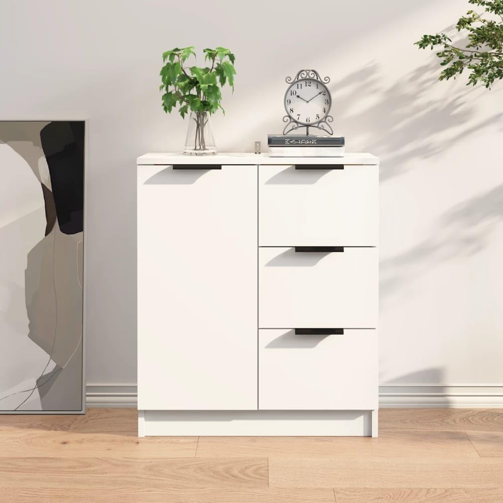 Shally Dogan Credenza in Legno Bianco con 1 Anta 3 Cassetti, Cassettiera Console Salvaspazio, Madia Multiuso Ideale per Ingresso, Soggiorno, Bagno, Ufficio, Maniglie Metallo, 60 x 30 x 70 cm (Bianco)