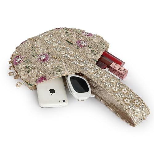 Image of Nevis Stylish Embroidery Unique Design Traditional Wedding Party Handheld Potli Bag for Women (Gold)