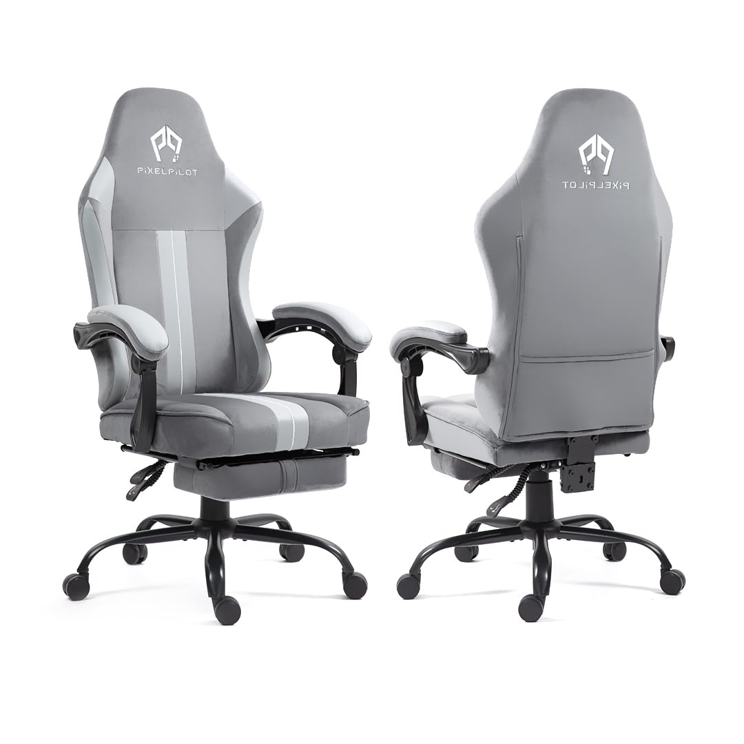 PixelPilot Chaise de jeu ergonomique avec repose-pieds, tissu respirant, chaise de bureau gamer avec appui-tête, soutien lombaire, large assise, 150 kg (gris)