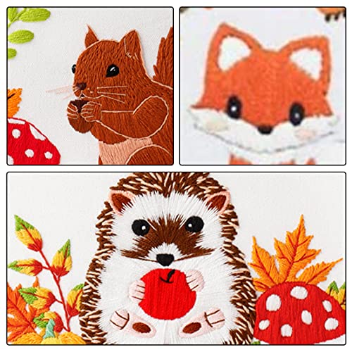 Image of Louise Maelys 3 Set Animal Embroidery Kits for Beginners with Autumn Squirrel Hedgehog Fox Pattern,Adults Starter Cross Stitch Kit DIY Needlepoint