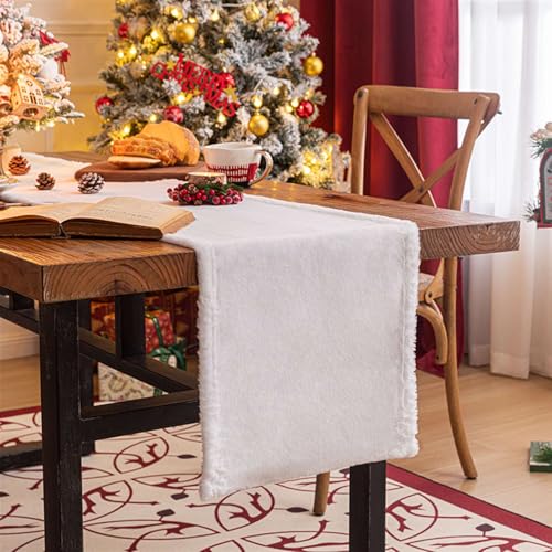 BESTORI Table Runner White Faux Fur Table Runners Comfortable Plush Winter Holiday Tablescapes for Dinning Room, Kitchen, 14x71