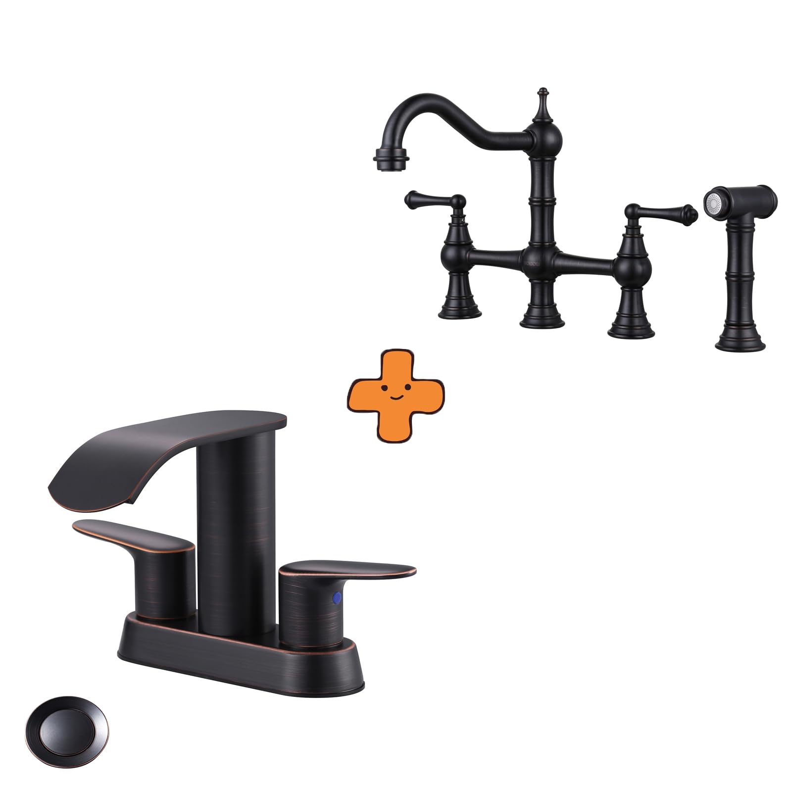 Jnfidosr Bronze Waterfall Bathroom Sink Faucet,Oil Rubbed Two Handles Bathroom Faucet And Brass Kitchen Faucet With Side Sprayer, 8 Inch Centerset Bridge Faucet For Kitchen Sinks