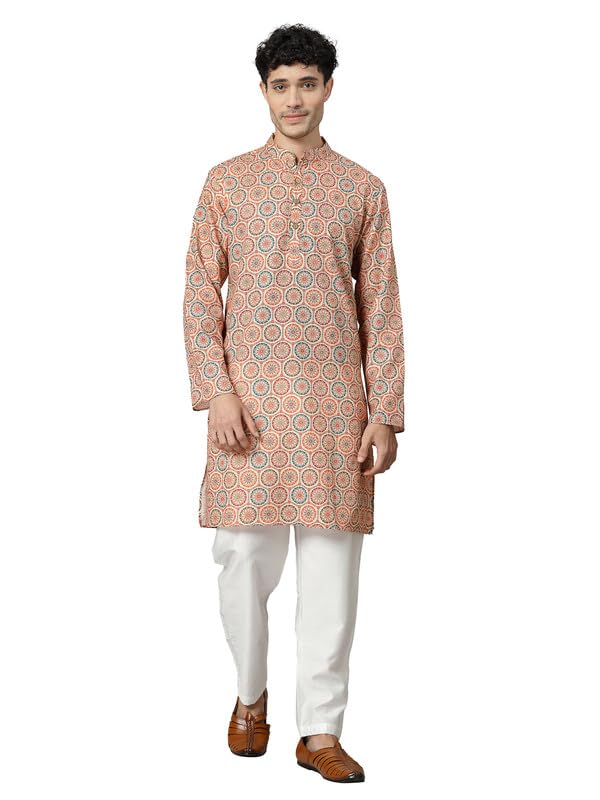 Image of Vastraa Fusion Men's Printed Kurta Pure Cotton Long Kurta, Round Collar, Full Sleeves, Button Kurta, Ethnic Wear
