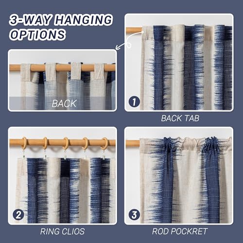 Image of MYSKY HOME Navy Blue Curtains 95 Inch Length 2 Panels Set, Soft Touch Semi Sheer Lines Printed Linen Look Curtains & Drapes, Soft Light Filtering Privacy Protect, 50 inchx95 inch, Navy Blue, 2 Pieces