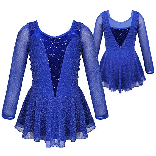 IEFIEL Maillot de Patinaje Artístico para Niña Manga Larga Vestido de Patinaje sobre Hielo Brillante Leotardo Patinaje con Falda Tutú Azul 7-8 Años