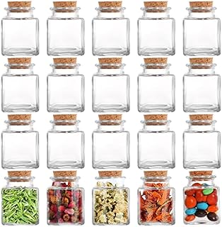 Dicunoy 20 PCS Glass Favor Jars with Cork Lids, 2 OZ Mini Square Vials Bottles for Herb Storage, Small Spice Containers for Tea, Jelly, Candy, Potions, Wedding & Party Favors, DIY Crafts