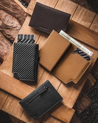 Image of DUGRAFT Bifold Pop Up Wallet for Men, Slim Leather Credit Card Holder with Zipper Minimalist Women Magnetic Cash Coins Pocket Wallets RFID Blocking, CF Black, Minimalist