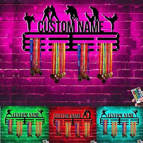 Personalized Name Jiu Jitsu Medal Display Hanger Sign with Light Medal Holder Award Display Holders Wall Mounted Medal Display Racks for Ribbon Lanyard Club Decor Gift for Boy Girl Coach