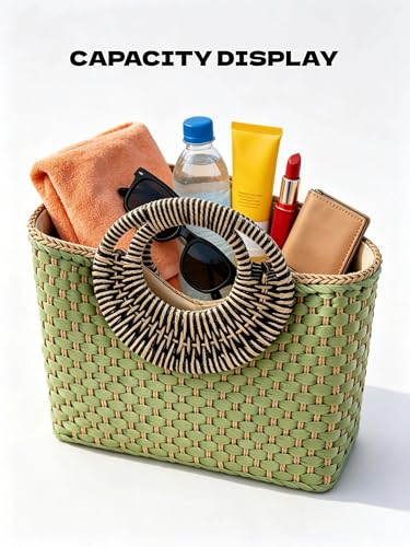 Bolso de playa retro de paja para mujer con asa redonda verde miniatura 6