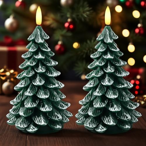 ARIKJ Christmas Decorations Indoor, Christmas Decor - Christmas Tree Candles Battery Operated, Flameless LED Candle Lights with 6H Timer, Xmas Home Decor, Set of 2(Green)