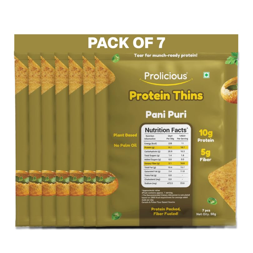 Image of Prolicious Healthy Protein Thin Chips |10g Protein & 5g Fibre Per Pack Per Pack Per Pack | Vegan Snacks |No Maida |No Palm Oil| 50g - Pack of 7| Pani Puri