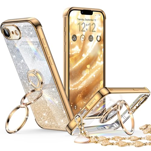 Coque iPhone 16E idée cadeau fille avec béquille double anneau et paillettes dorées XYZ