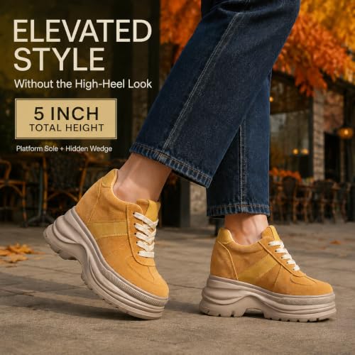 Image of Comfortable Women's Platform Sneakers, 5 Inch Heel Wedge Sneakers for Women, 12cm High Chunky Platform Shoes, Genuine Suede Leather Upper Casual Walking Shoes for Office Working Everyday wear