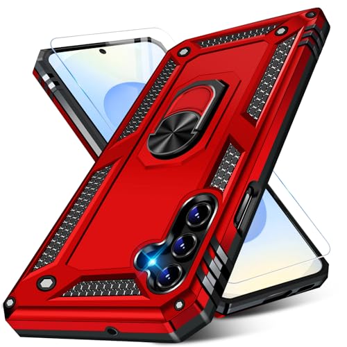 Image of Heavy Duty Case for Samsung Galaxy S25 Plus Phone Case with Screen Protector, Military Grade Shockproof Rugged Protective Cover for Samsung S25 Plus, with Metal Ring Magnetic Kickstand (Red)