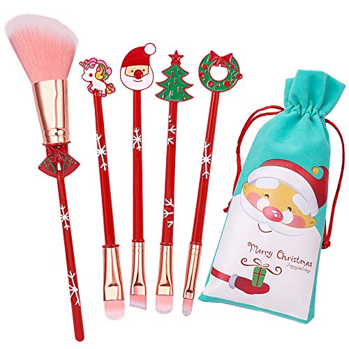 Christmas Wand Makeup Brush Set - 5pcs Wand Makeup Brushes with Christmas Cartoon Handle for Blush, Foundation, Eyebrow, Eyeshadow, and Lips, Prefect Christmas Gift for Sister (Christmas Red)