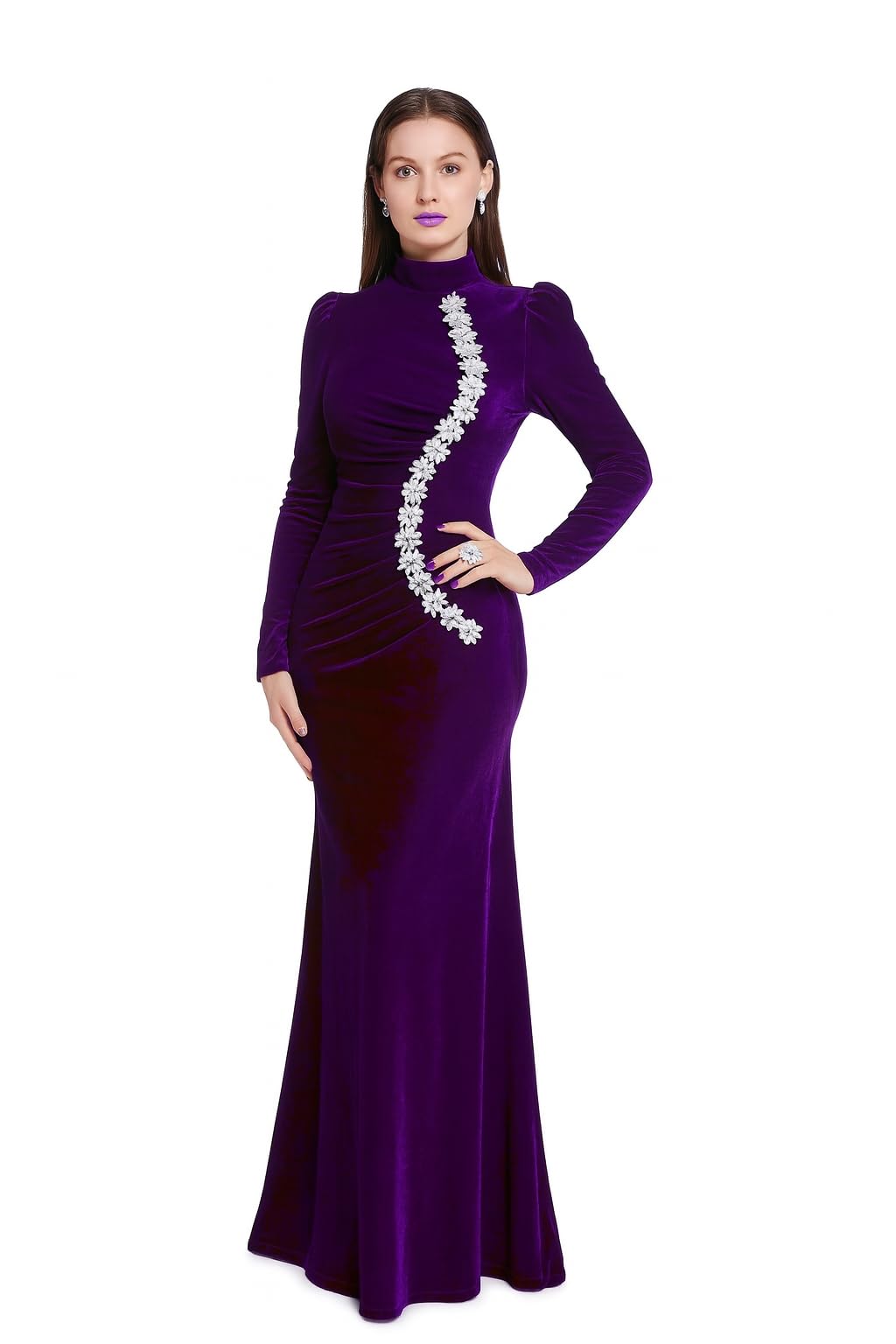 Elegant Velvet Evening Gown Party Dress with Silver Floral Embellishments, High Neck, Long Sleeve, Empire Waist Maxi Dress for Women, Winter Formal Wear-image-17