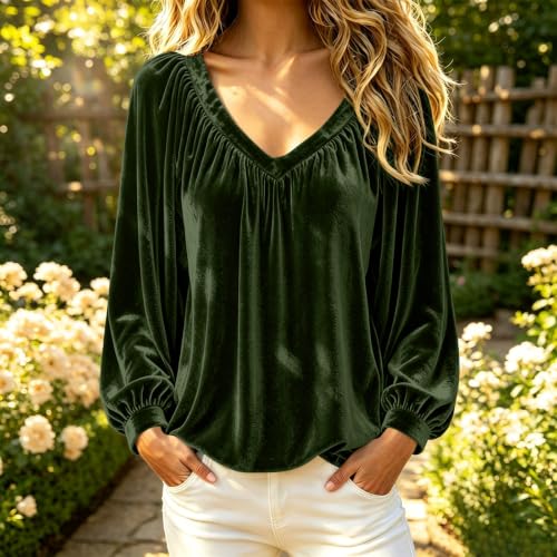 Long Sleeve Shirts for Women Velvet V Neck Pleated Loose Elegant Tops - image 2