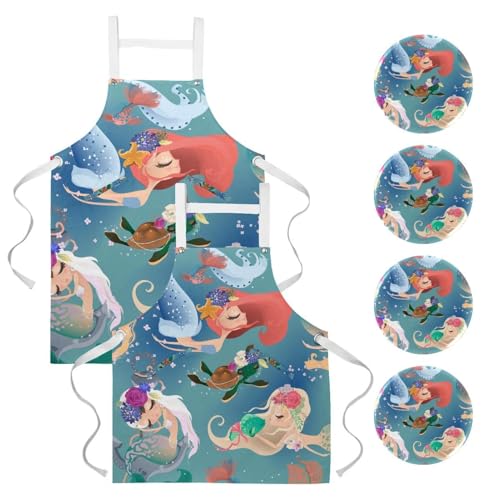 Lot de 2 tabliers de cuisine sirène princesse avec 4 broches pour bar et bistrot
