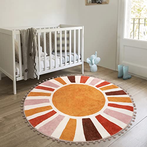 Colorful Round Rug For Bedroom,4 Ft Circle Sun Boho Rug For Living Room, Circular Washable Area Rug Cute Non-Slip Soft Crawling Mat Kids Play Carpet For Nursery Room Teen Dorm #TOP5