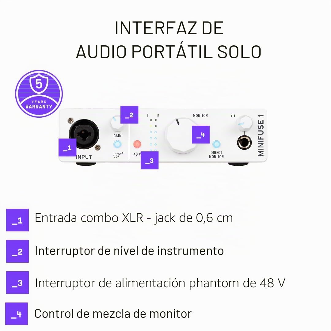Arturia - MiniFuse 1 - Arturia - MiniFuse 1 - Interface de Audio USB Compacta con Software Creativo para Grabación, Producción, Podcasting, Guitarra - Blanco