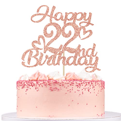 Unoggsor Rose Gold Glitter Happy 22nd Birthday Cake Topper-Hello 22,Cheers to 22 Years,Feeling 22,22nd Birthday/Anniversary Party Decorations