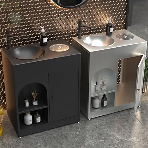 Freestanding Bathroom Vanity Unit with Basin, Nano-Coated Iron Cabinet, Modern Sink with Single Tap Hole and Overflow, Includes Trash Bin and Mirror，E1 with Mirror