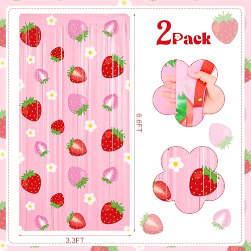 Image of Tiamon 2 Pack Strawberry Party Decorations 3.3 x 6.6 Ft Foil Fringe Curtains Berry First Birthday Backdrop Tinsel Streamers Photo Booth for Sweet Berry Shortcake Baby Shower Birthday Party Supplies