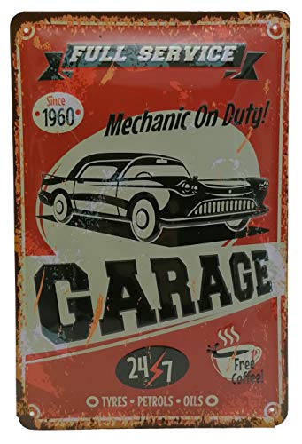 Mehr Relief-Schilder hier... Full Service Garage 60s Vintage Garage Workshop Diner Retro Embossed Metal Sign 30 x 20 cm