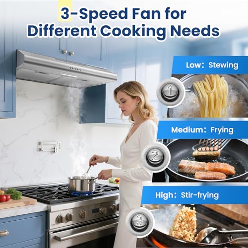 Image of 24 inch Range Hood Under Cabinet, Stainless Steel Range Hood 280CFM, Slim Kitchen Stove Hood w /Push Button, Ducted /Ductless Convertible, 3 Speeds Exhaust Fan, LED Light and Carbon Filter