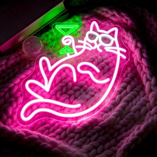 Image of Whfobfe Pink Neon Sign Led Neon Lights Signs for Wall Decor USB Powered Led Signs for Room Decoration-Cocktail Cat