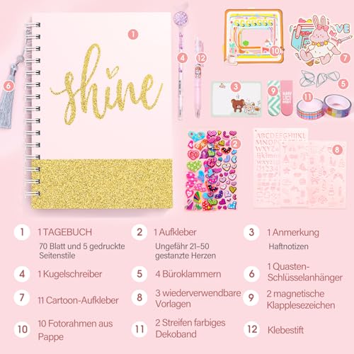 ADUSRIZ Tagebuch Teenager Mädchen Geschenke, Tagebuch Geschenk Teenager Mädchen ab 8 9 10 11 12 13 14 Jahre, DIY Schulsachen, Schreibwaren und Scrapbook Set, Kreative Basteln Geschenke für 8-14 Jahre