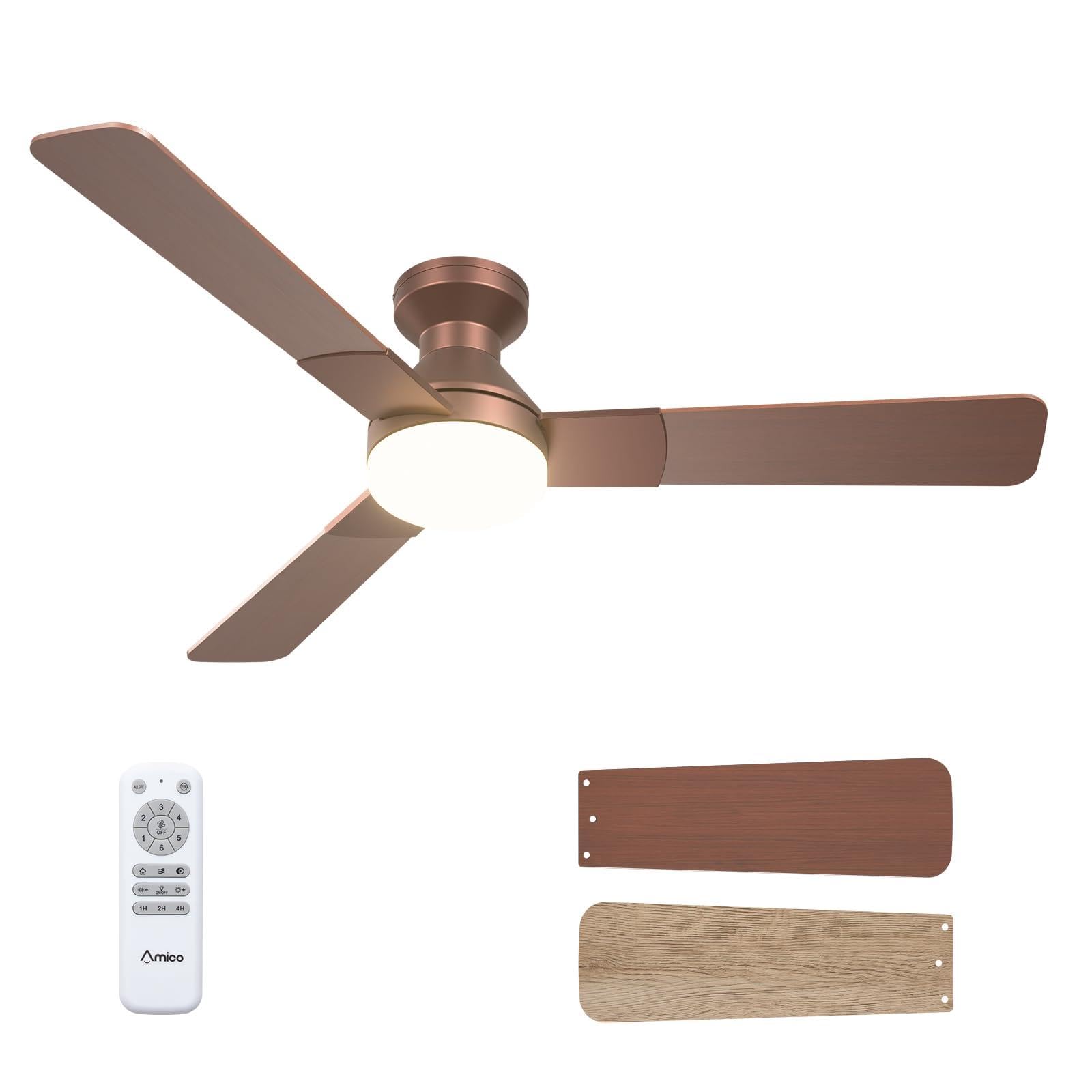 Amico 52 Inch Brown Low Profile Ceiling Fans with Lights and Remote