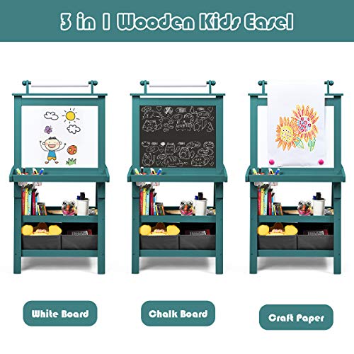Image of GLACER All-in-One Double Sided Painting Easel for Kids with 2 Storage Bins, Paper Roll, Magnetic Whiteboard & Chalkboard, Gift for Boys & Girls (Blue)