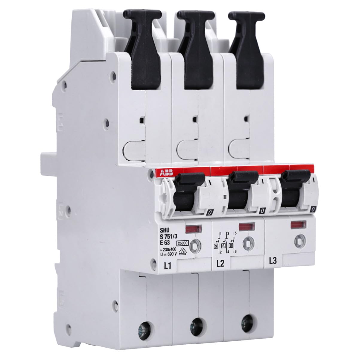 ABB S751/3-E63 SLS-Schalter 63A 3-polig - Selektiver Hauptschutzschalter | E-Charakteristik, 25kA Schaltvermögen, Montage auf 40mm Hutschiene IP20 Schutz 2CDS781001R4632