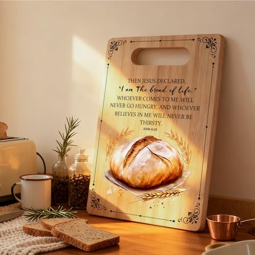 Tabla de corte rústica para pan con versículo bíblico Juan 6:35, regalos cristianos para mujeres y hombres, tablas de bambú reversibles para cocina miniatura 5