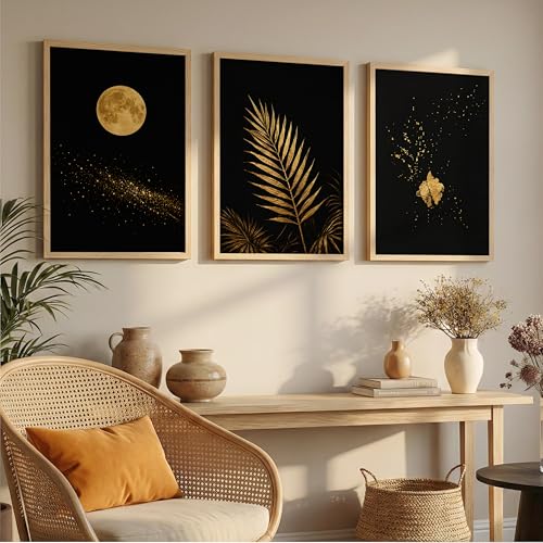 Image of TheMakerly Set of 3 Moon & Golden Palm Leaf Wall Art Paintings for Living Room | Modern Luxury Black Gold Wall Decor | Framed Wall Paintings for Bedroom, Hall, Office & Home Decoration (13x19 Inches)