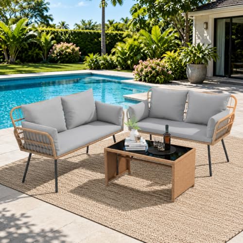 3-Piece Wicker Patio Furniture Set with Cushions, All-Weather Outdoor Rattan Conversation Set with 2 Loveseat & Tempered Glass Table for Garden, Backyard, Porch, Deck, Grey by PeakPursuit - Used condition - Image 6