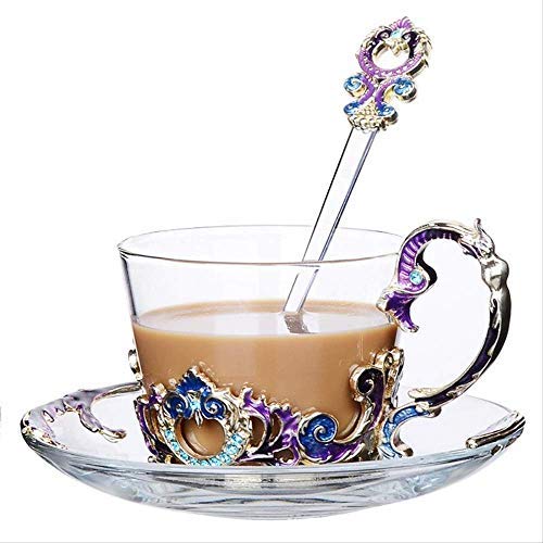 Tazze da tè per Famiglie Tazza da caffè Elegante e Durevole in Vetro smaltato, con Cucchiaio Bicchieri di Cristallo Bicchieri con Incisione di Fiori in Metallo, Set di Tazze da tè