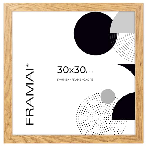 FRAMAI® Bilderrahmen 30x30 cm Eichenfarbe, MDF Umweltfreundlichem Rahmen mit Bruchsicheren Plexi, Aufhänger und Aufsteller
